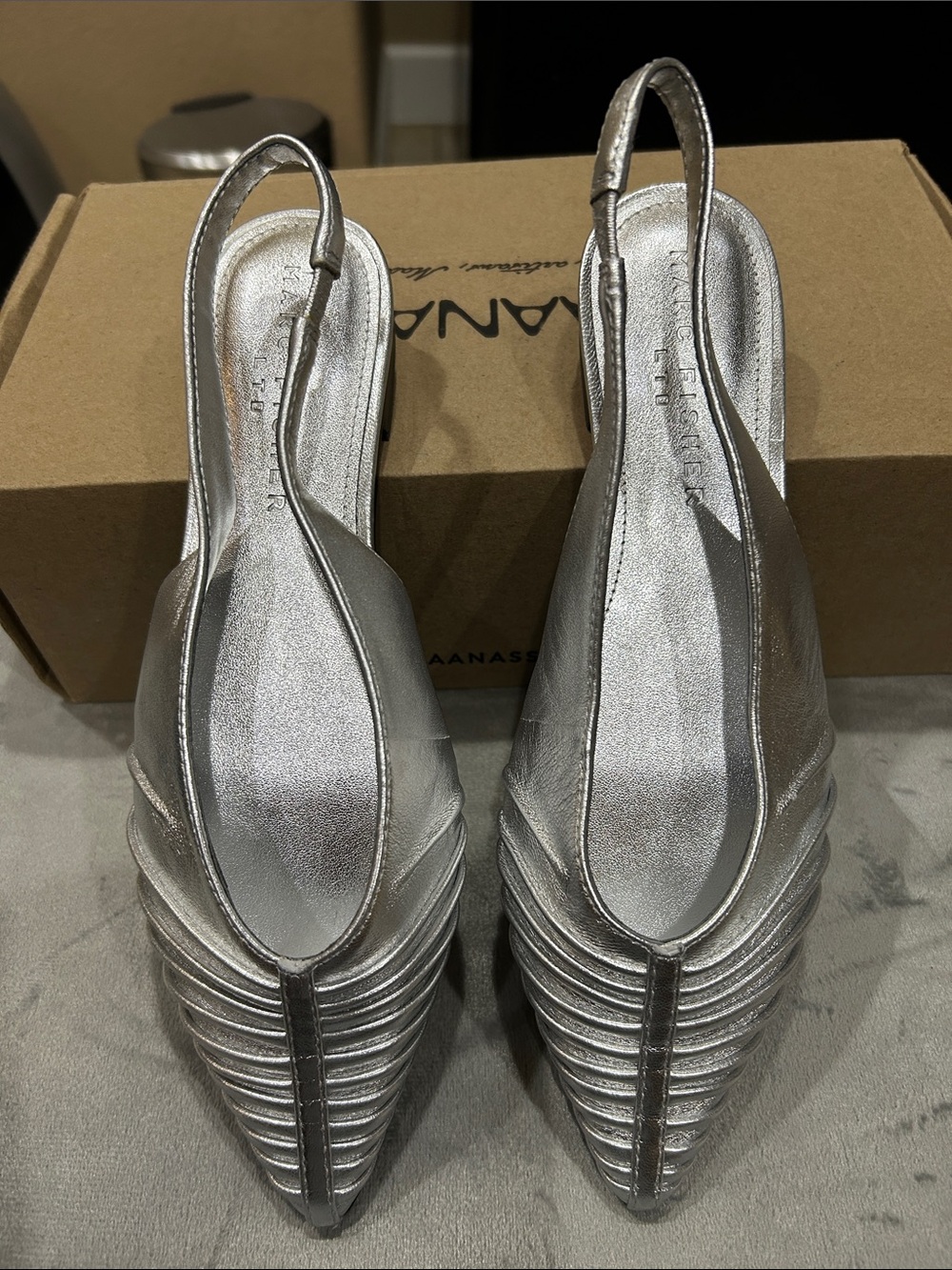 Marc Fisher Silver Pointed Slingback Mules with Textured Front